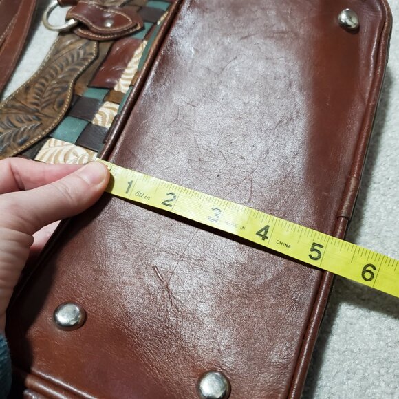 AMERICAN WEST Tooled Leather Woven Shoulder Tote Bag Purse Weave Western Boho - Picture 13 of 14